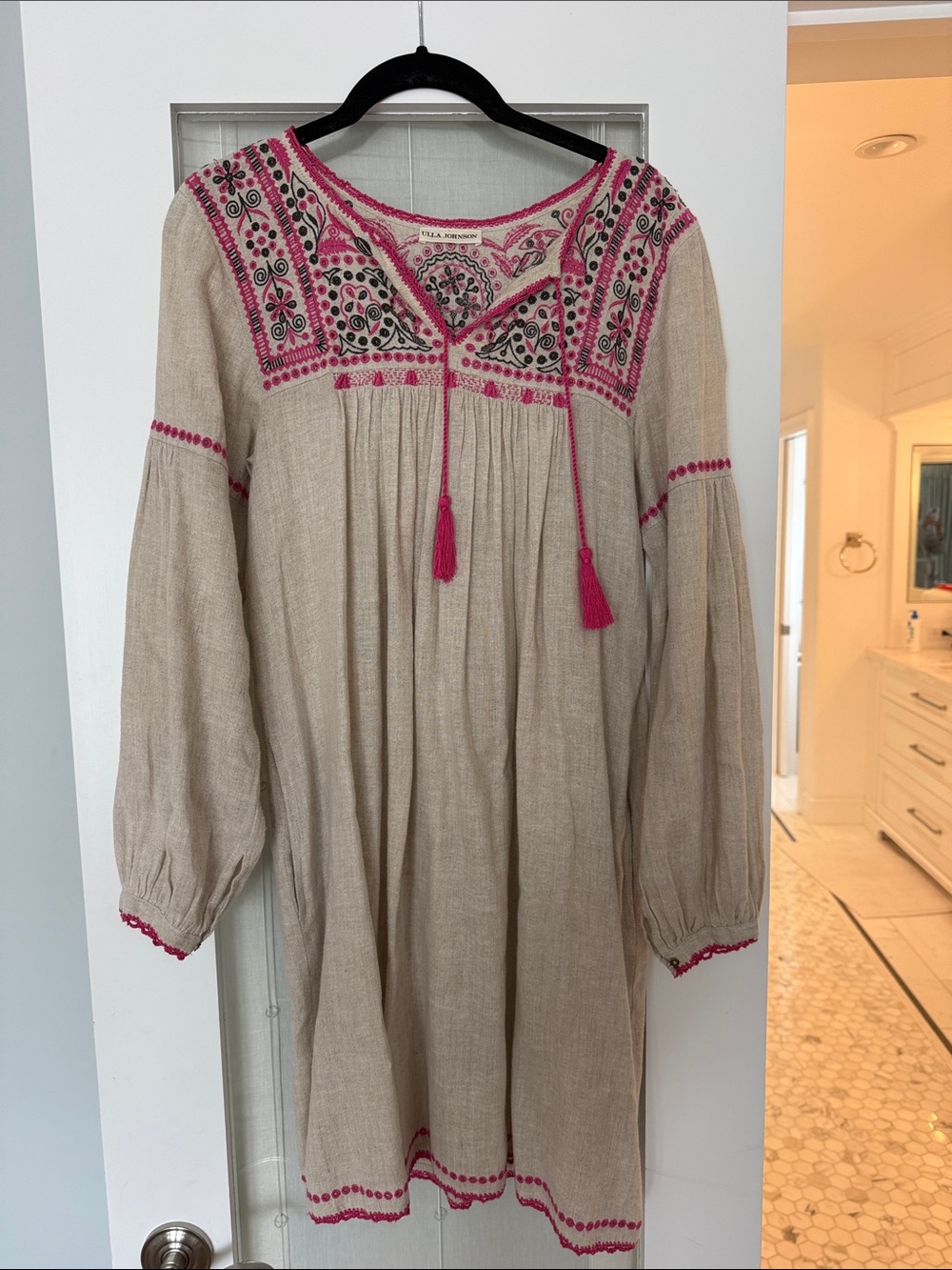 Ulla Johnson Beige Long Sleeve Embroidered Tunic Dress with Pink Accents
